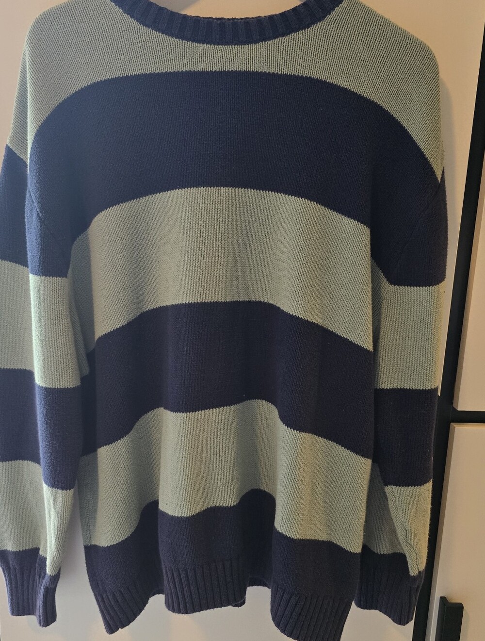 Hollister Navy and Light Green Striped Crewneck Sweater